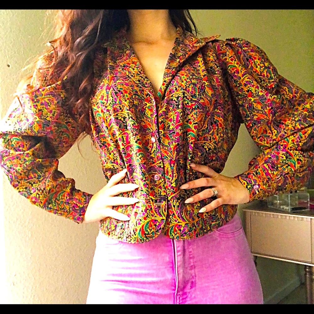 Multicolor vintage buttoned blouse flared sleeves